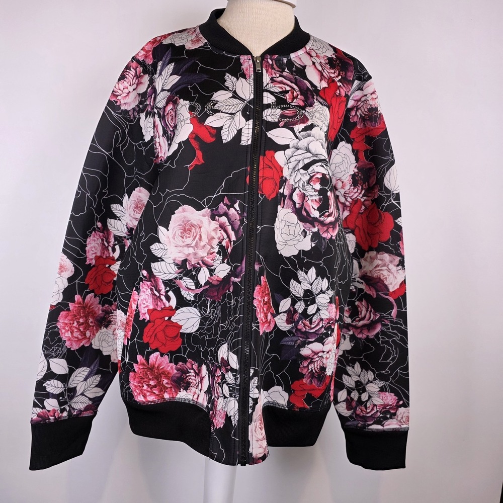 Bebe Sport Bling Logo Floral Bomber Jacket Women's 3X Black Pink Red Zip Up